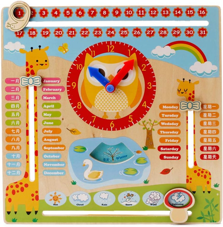 Amasawa Kids Brain Game Educational Wooden Clock Toy Calendar Board Teaching Season Weather for 3 Year Olds And Up (Wood)