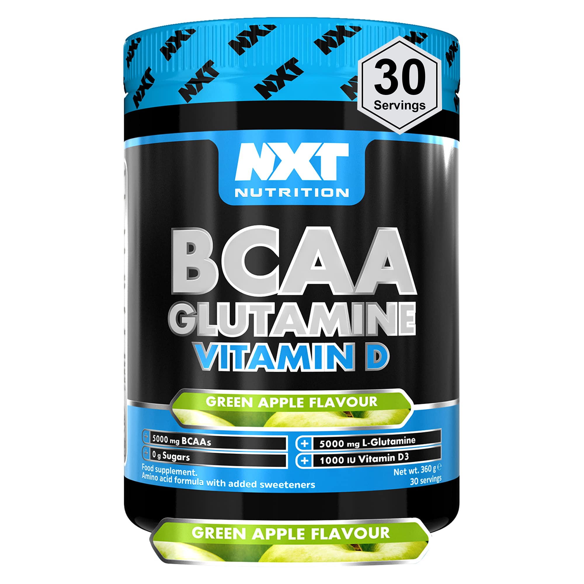 NXT Nutrition BCAA, Glutamine & Vitamin D | BCAAs Amino Acids with Vitamin D3 and L-Glutamine - for Recovery, Gut Health and Muscle Protein Synthesis | 360g - 30 Servings (Apple)