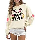 UYIQL Easter Sweatshirts for Women Cute Easter Bunny Shirt Casual Rabbit Graphic Pullover Tops
