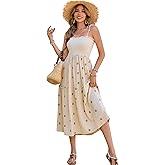 R.Vivimos Womens Summer Cotton Boho Midi Dress 2026 Spaghetti Strap Floral Embroidered Smocked Tiered Flowy Long Dresses