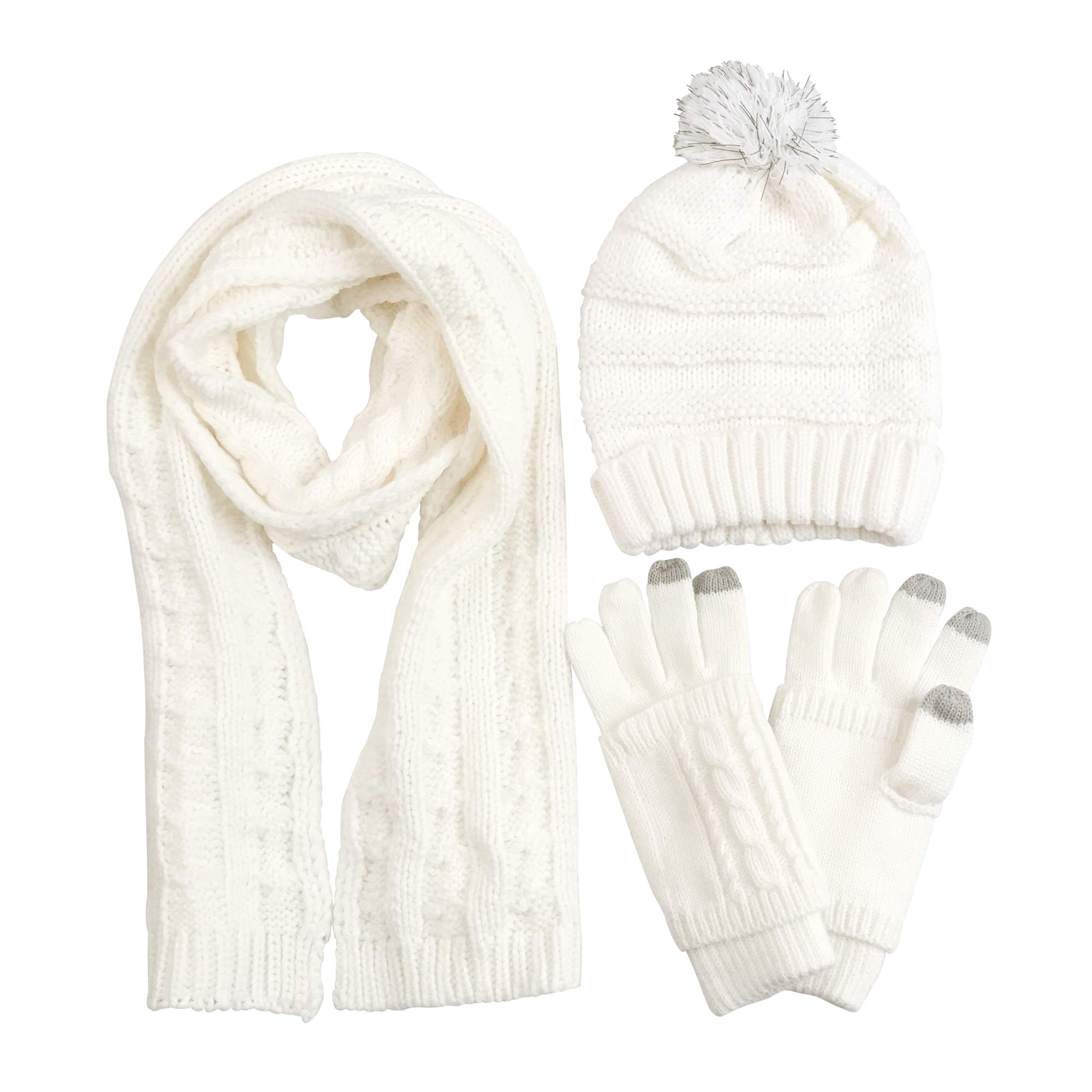 Scarf Hat Glove Sets Cable Knit Winter Gift Set Pompom Hat Touch Screen Gloves Long Scarf 3pcs Cold Weather Warm Set for Women Girls(White)