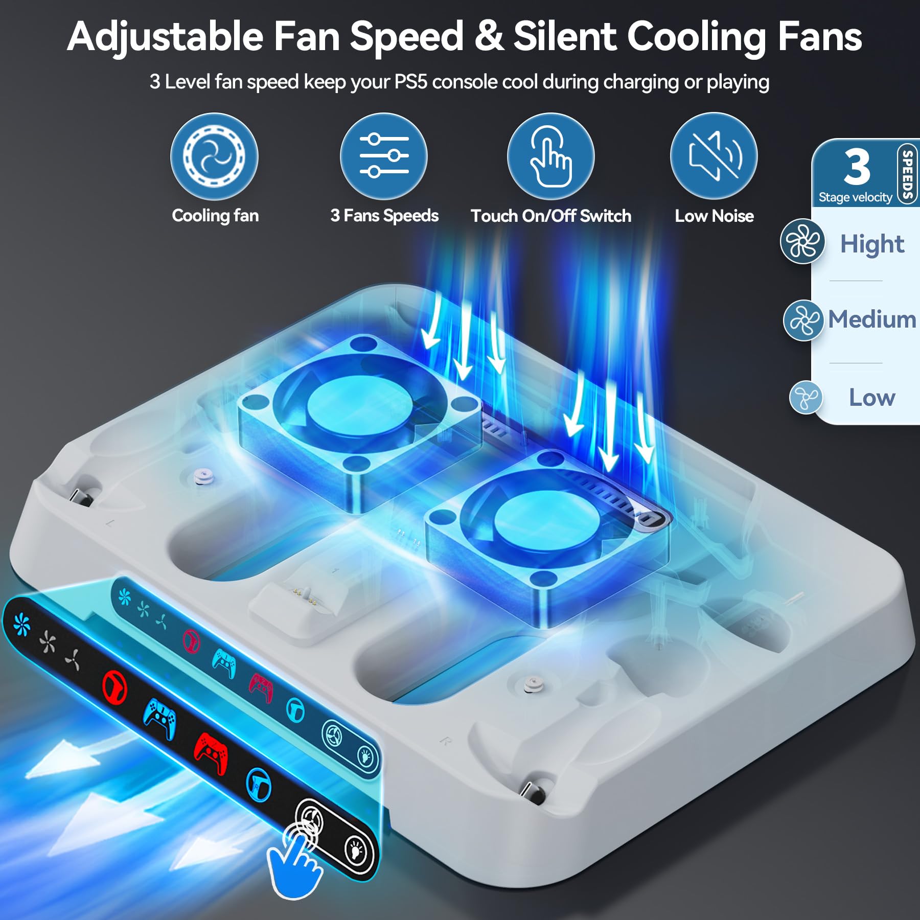 PS5/ Edge & PSVR 2 Controller Charging Station with AC Adapter and 3-Level Cooling Fan, RGB PS5 Cooling Station with PS5 & PS VR2 Controller Charger, PS5 Stand for PS5 Accessories Storage