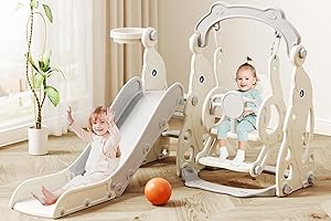 67i Toddler Slide and Swing Set - Indoor/Outdoor Multi-Activity Play System for Ages 1-3, Safe Design with Adjustable Swings & Basketball Hoop, Compact Space Saver (Gray, Without Football)