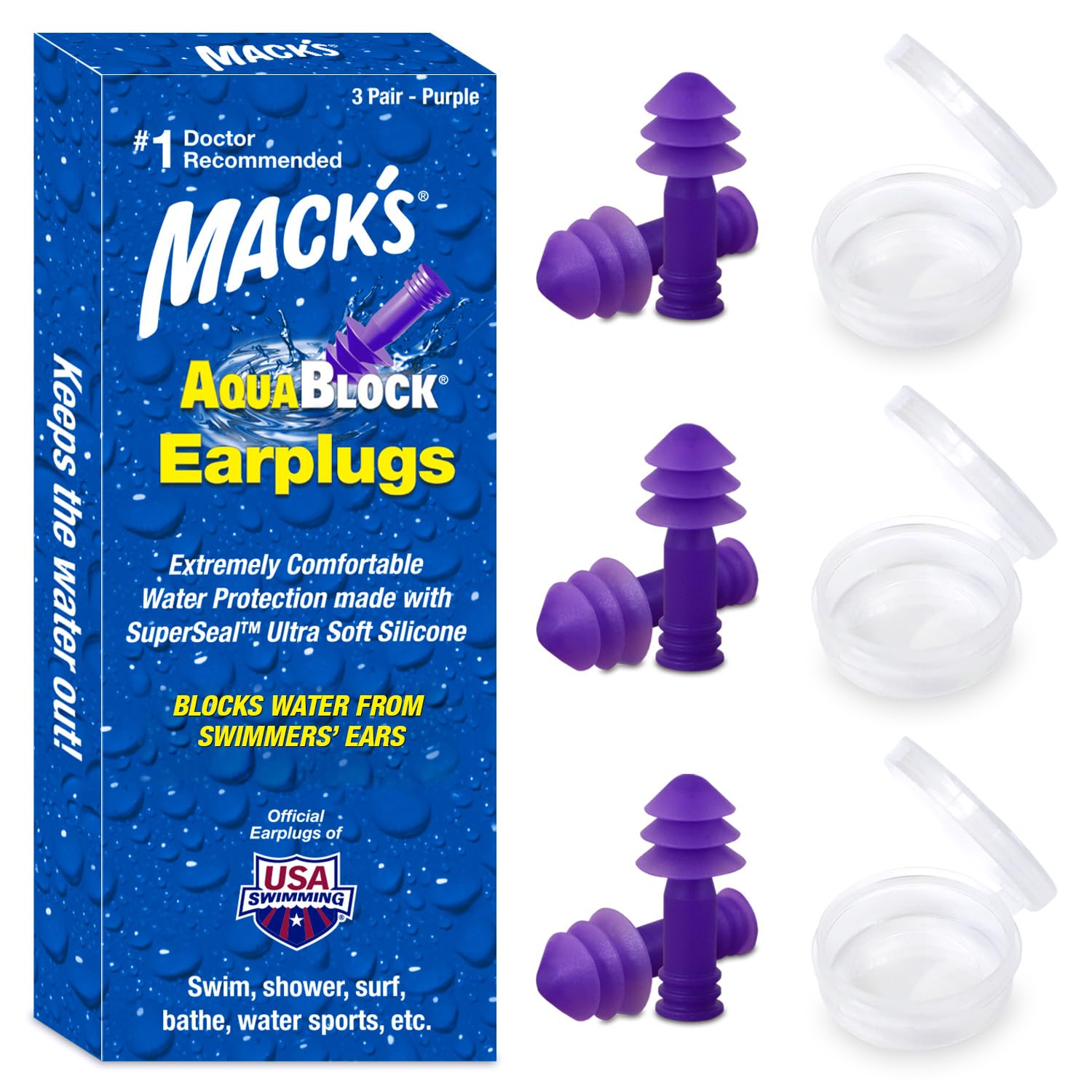 Mack's AquaBlock Swimming Earplugs, 3 Pair - Comfortable, Waterproof, Reusable Silicone Ear Plugs for Swimming, Snorkeling, Showering, Surfing and Bathing (Purple)