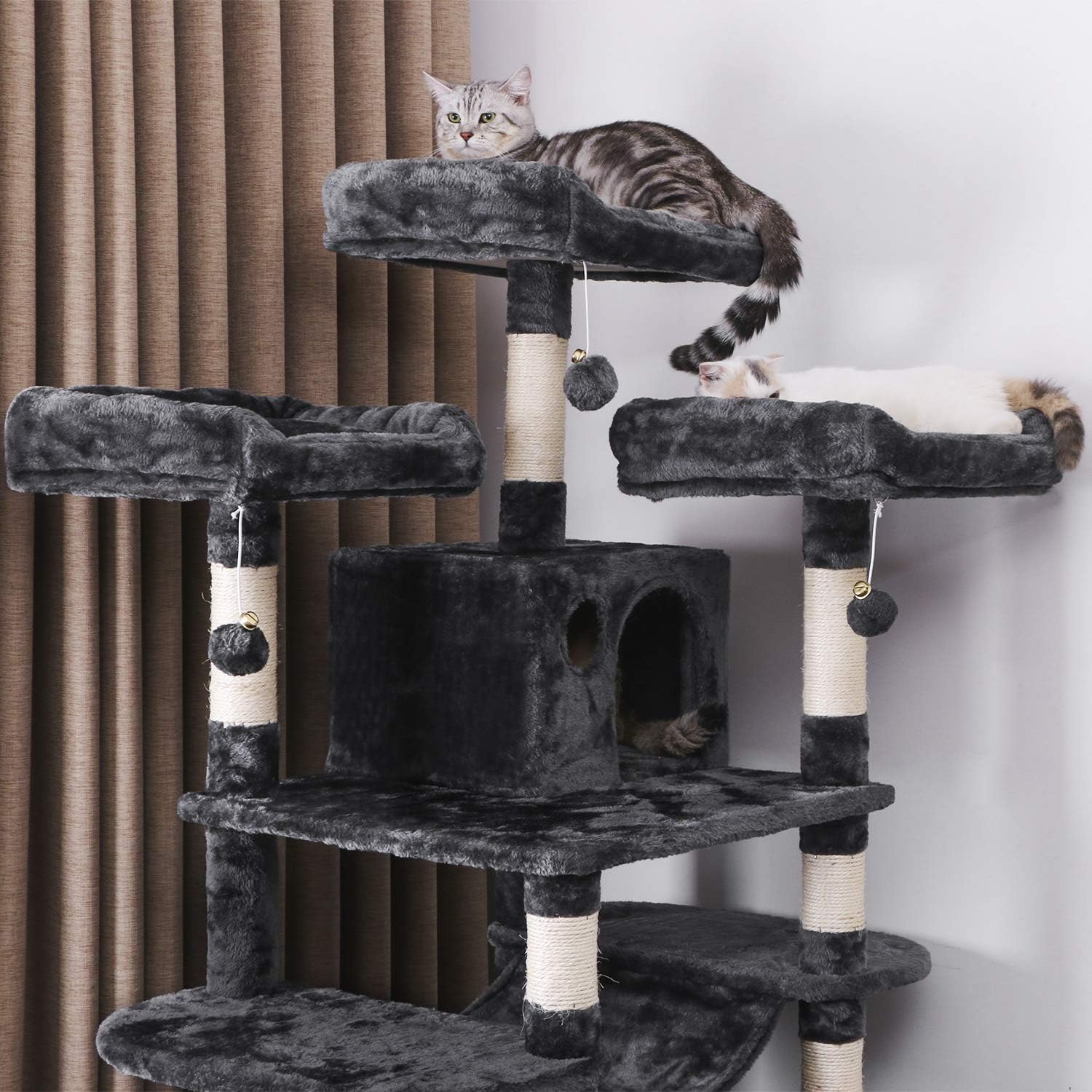 BEWISHOME Large Cat Tree Condo with Sisal Scratching Posts Perches Houses Hammock, Cat Tower Furniture Kitty Activity Center Kitten Play House Grey MMJ03B : Pet Supplies