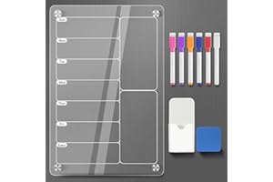 CasaCulina Magnetic Acrylic Weekly Meal Planner Menu Board for Fridge, 12"x8" Weekly Calendar Clear Dry Erase Board for Refrigerator with 6 Colors Markers, Pen Container and Eraser