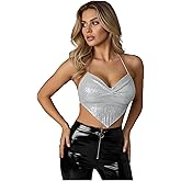 winkbay Women's Metallic Open Back Halter Top Shiny Chain Strap Asymmetrical Party Club Crop Tops Night Out Outfit