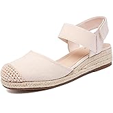 Veittes Women's Platform Wedge Heel Espadrille Sandals,Hook-and-Loop Closure with Elastic Ankle Strap, lightweight Rubber Sole, Comfortable Insole, Close-Toe Casual Summer Sandals