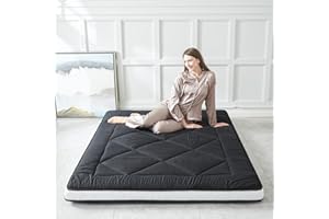 INFINICE Japanese Floor Mattress Futon Mattress, Extra Thick Roll Up Mattress Bed Topper Mat for Guest, Lounger or Travel, Black, Queen