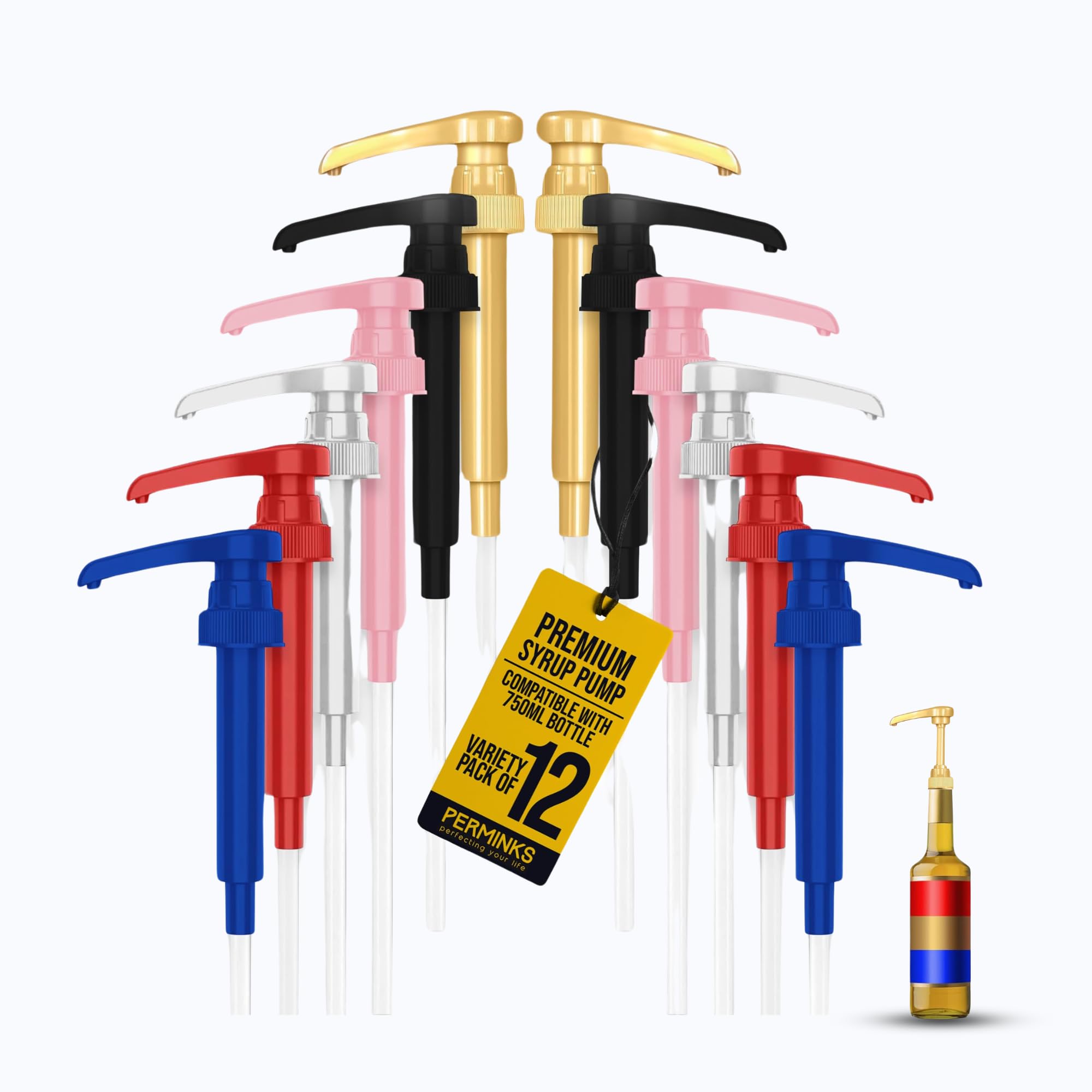 12 Pack Coffee Syrup Pump Dispenser (Variety of Colors) - Compatible with Torani and Davinci Syrups (750 ml, 25.4 oz Bottles) - Fits Skinny Bottles