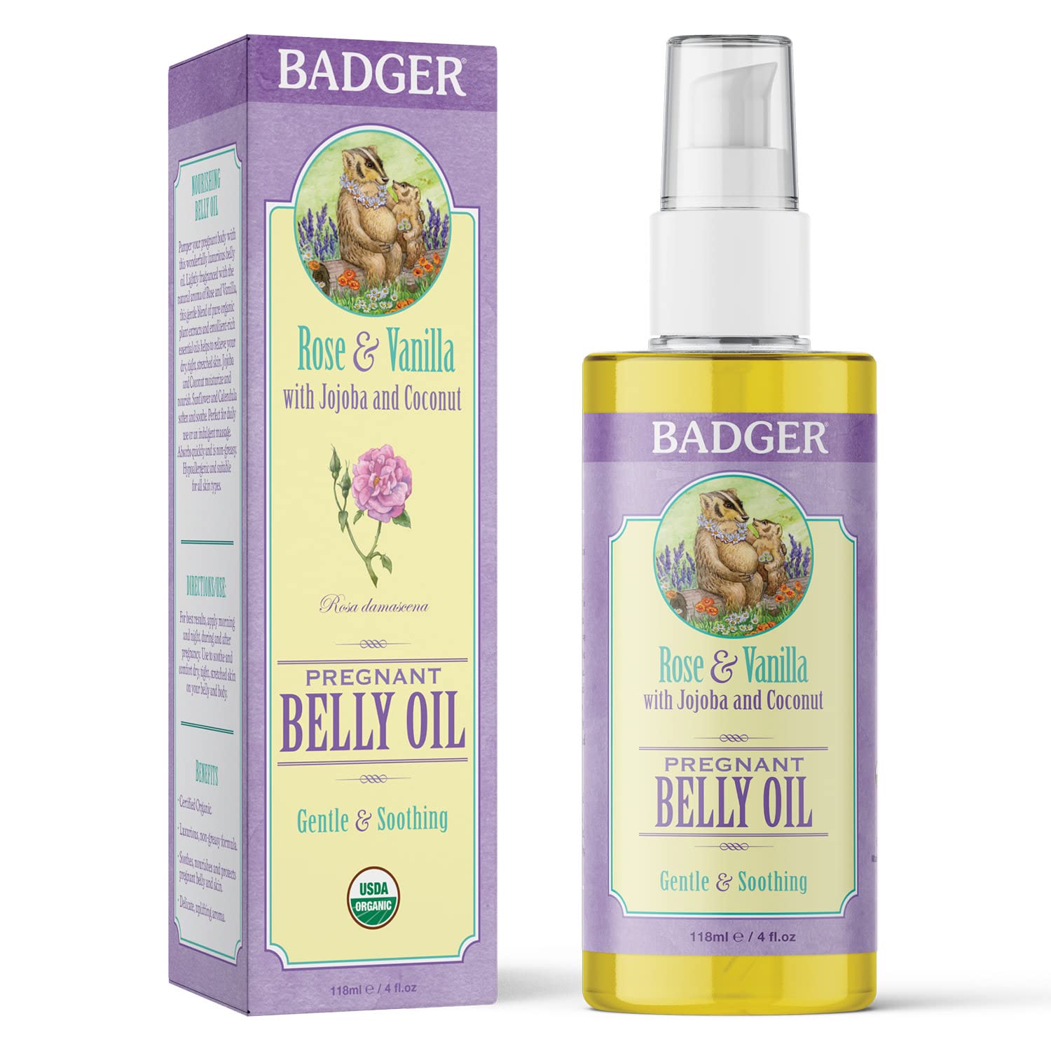 Badger Pregnant Belly Oil and Belly Butter, Rose & Vanilla, Certified Organic, Gentle & Soothing for Stretched Skin During & After Pregnancy
