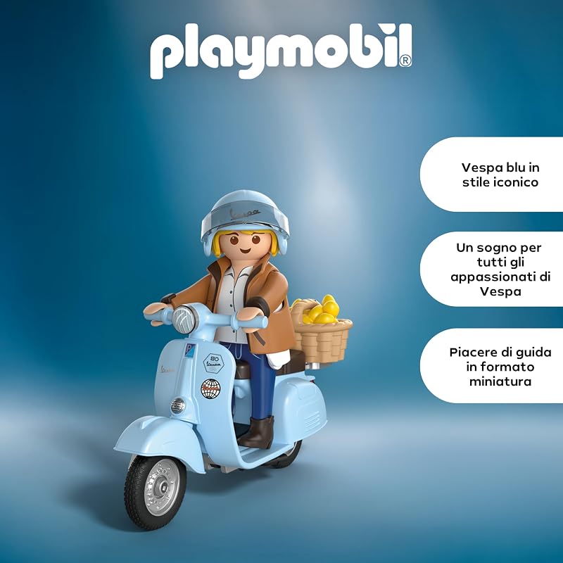 | Veicoli | 80 anni di Vespa: stile iconico | Vespa anniversario azzurro chiaro con personaggio alla moda, cestino e foglio di adesivi | Giocattolo per bambini dai 5 anni in su | 72284