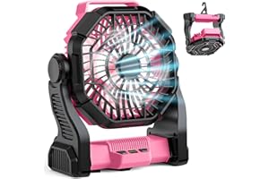 MATULSA Camping Fan Rechargeable, Real 10000mAh Small Battery Operated Fan with LED Lights Dimmable, 10’’ Portable Fans with Hook, Quiet Personal USB C Desk Fan for Camping, Beach, Worksite, Pink