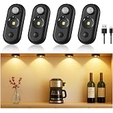 GLARESBOT 4 Pack LED Motion Sensor Puck Lights, Small Rechargeable Under Cabinet Lights, Dimmable Warm White Closet Lights, Wireless Under Cabinet Lighting for Drawers and Kitchens