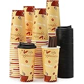 Tamone 100 PACK 20OZ thanksgiving cups - Disposable Coffee Cups with Lids and Stirrers, To Go Coffee Cups with Lids Leak Proof, Coffee Design Brown Paper Cups for Cold/Hot Beverage Chocolate Cocoa