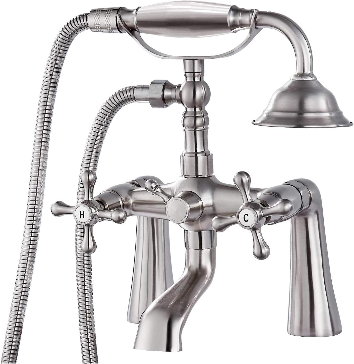 Deck Mount Tub Bathtub Clawfoot Faucet with Handheld Shower Brushed Nickel Telephone Shaped Sprayer Showerheld Double Cross Handle