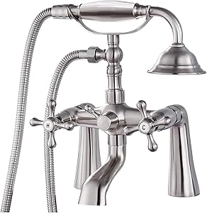 Deck Mount Tub Bathtub Clawfoot Faucet with Handheld Shower Brushed Nickel Telephone Shaped Sprayer Showerheld Double Cross Handle