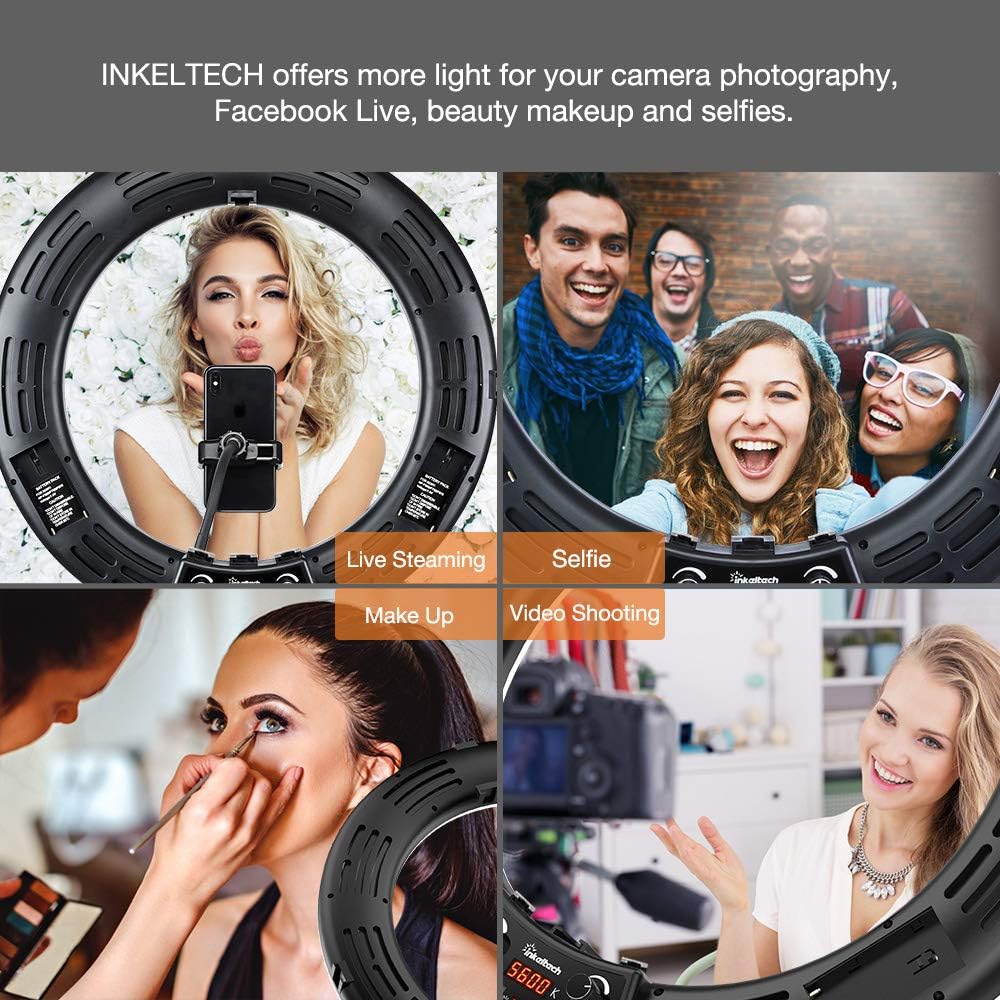 Inkeltech Ring Light - 18 inch 3000K-6000K Dimmable Bi-Color Light Ring, 60W LED Ring Light with Stand, Lighting Kit for Vlog, Selfie, Makeup, YouTube, Camera, Phone - LCD Screen & Remote Control : Camera & Photo