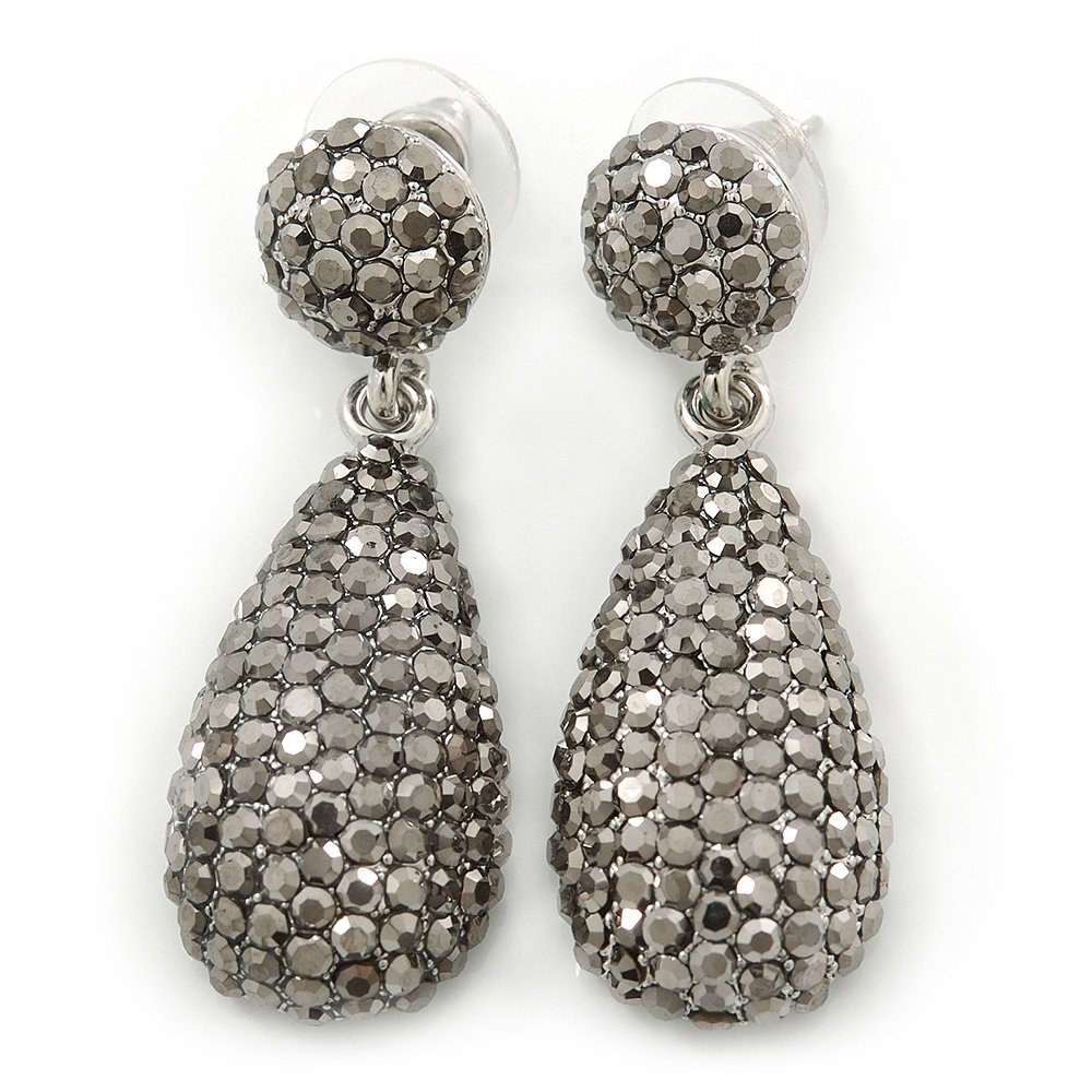 Hematite Coloured Crystal Teardrop Earrings/Rhodium Plating/ 48mm L