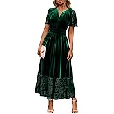 Simplee Women's Formal Velvet Maxi Dress Fall Winter V Neck Floral Short Sleeve Empire Waist Wedding Guest Dresses