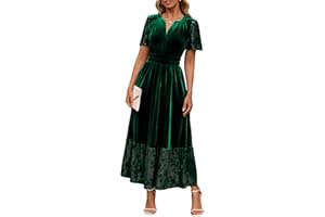 Simplee Women's Formal Velvet Maxi Dress Fall Winter V Neck Floral Short Sleeve Empire Waist Wedding Guest Dresses