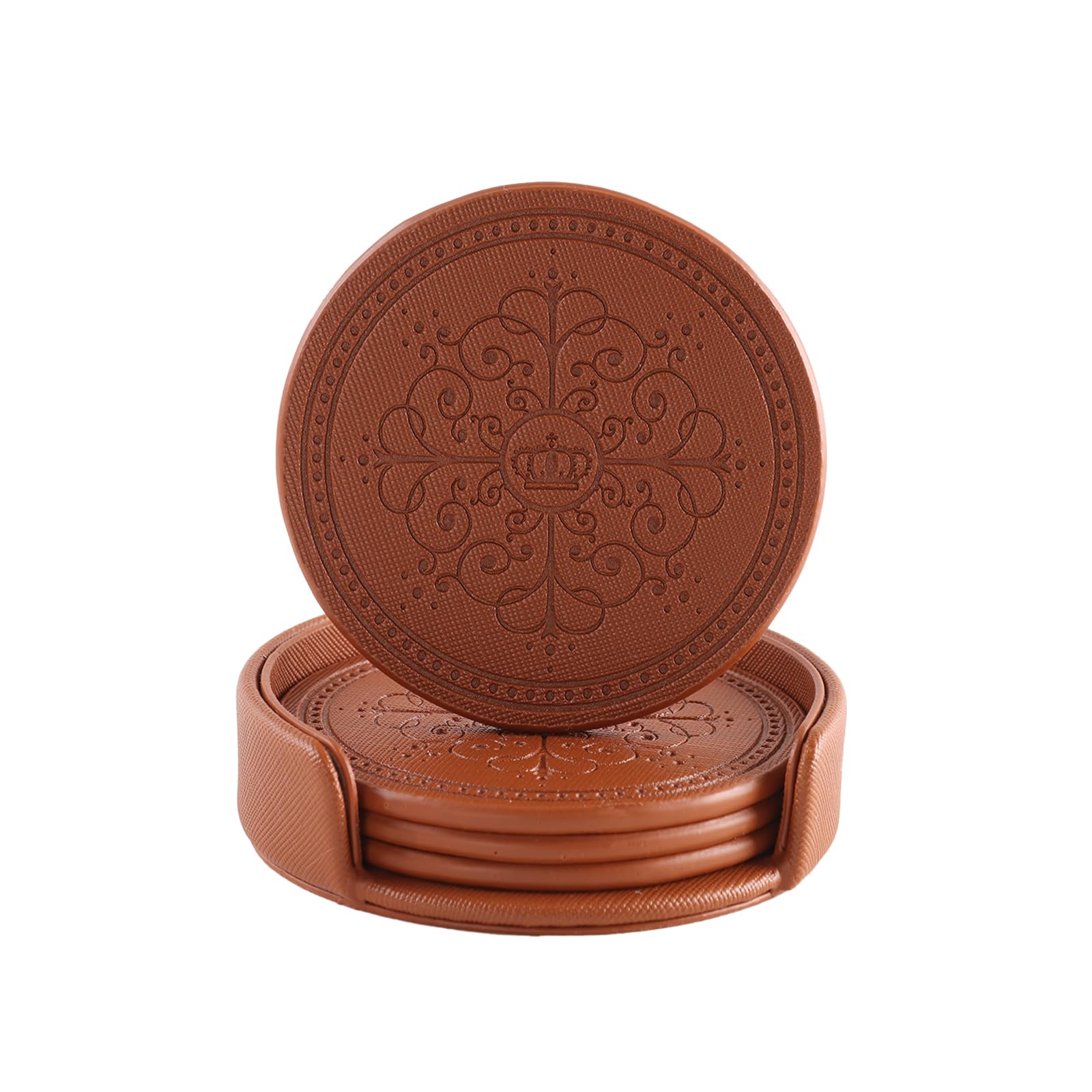 LISRSC Coasters Set of 4 - PU Leather Mat with Holder - Brown Round Coasters for Drinks - Coffee Table Pads Set Gifts for Home,Bars,Cafes,Party,Office Decor