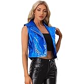 Allegra K Women's Metallic Vest Party Faux Leather Lapel Collar Zip Cropped Sleeveless Holographic Jacket