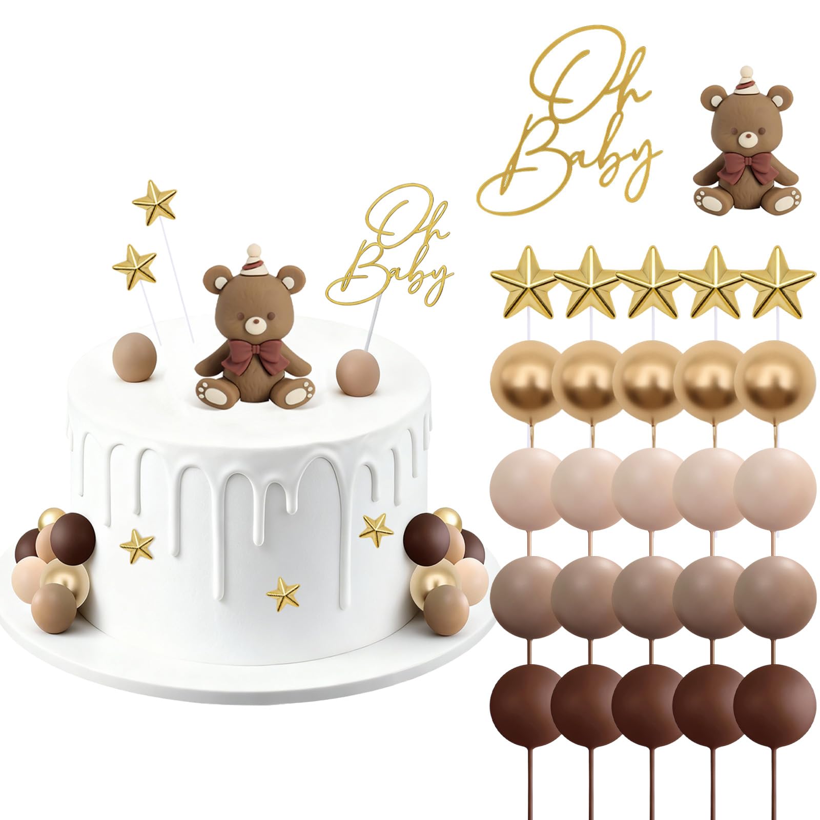 27Pcs Bear Cake Topper, Baby Shower Cake Decorations, Topper Boho Cake, Including an Oh Baby Cake Decorating Topper, Suitable for Boys, Girls and All Kinds of Parties