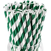 PakTalk [100 Pack] Green Straws, Disposable Christmas Green and White Striped Straws for Cocktails, Milkshake, St.Patrick and Christmas Party (0.24" x 7.75")