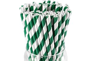 PakTalk [100 Pack] Green Straws, Disposable Christmas Green and White Striped Straws for Cocktails, Milkshake, St.Patrick and Christmas Party (0.24" x 7.75")