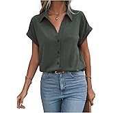 WDIRARA Women's Short Sleeve Button Down Shirt Collared Blouse Work Business Tops