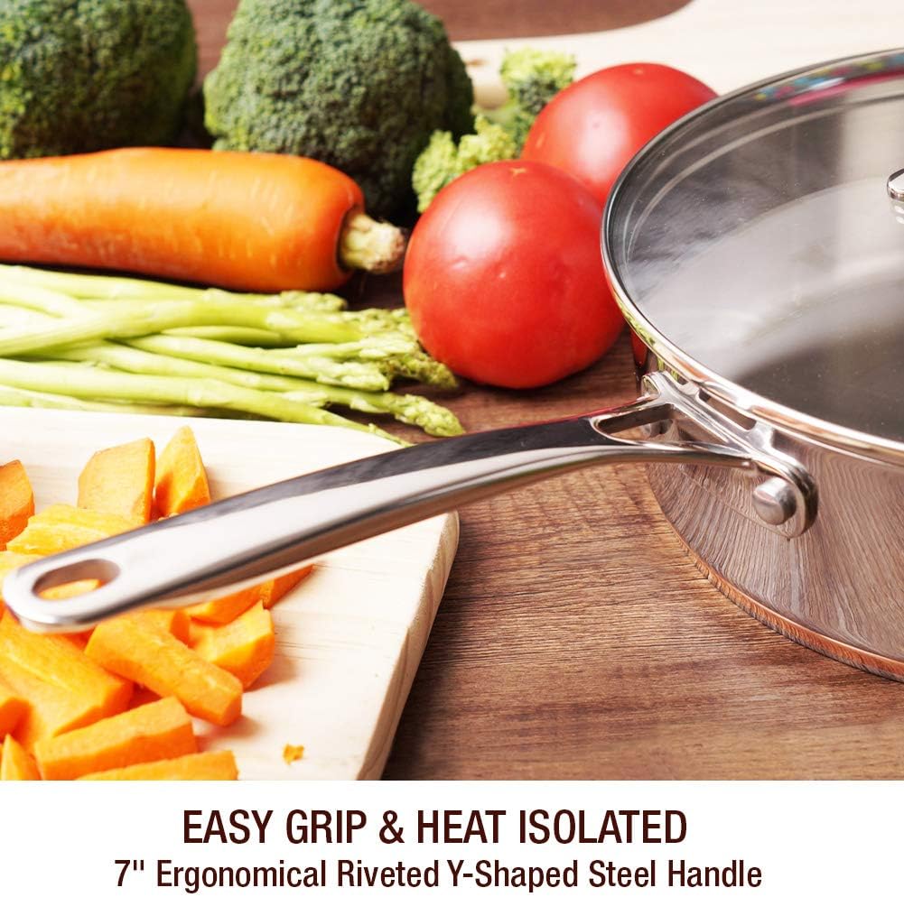 HOMICHEF 9.5 Inch Nickel Free Stainless Steel Saute Pan With Lid Induction Oven Safe - Premium Mirror Polished Copper Band Stainless Steel Pan With Glass Lid - 2.5 Quart Non Toxic Cookware Pans: Kitchen & Dining