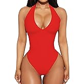 F2CLO Women's Sexy Halter V Neck Bodysuit Tops Backless Leotard Sleeveless Jumpsuits
