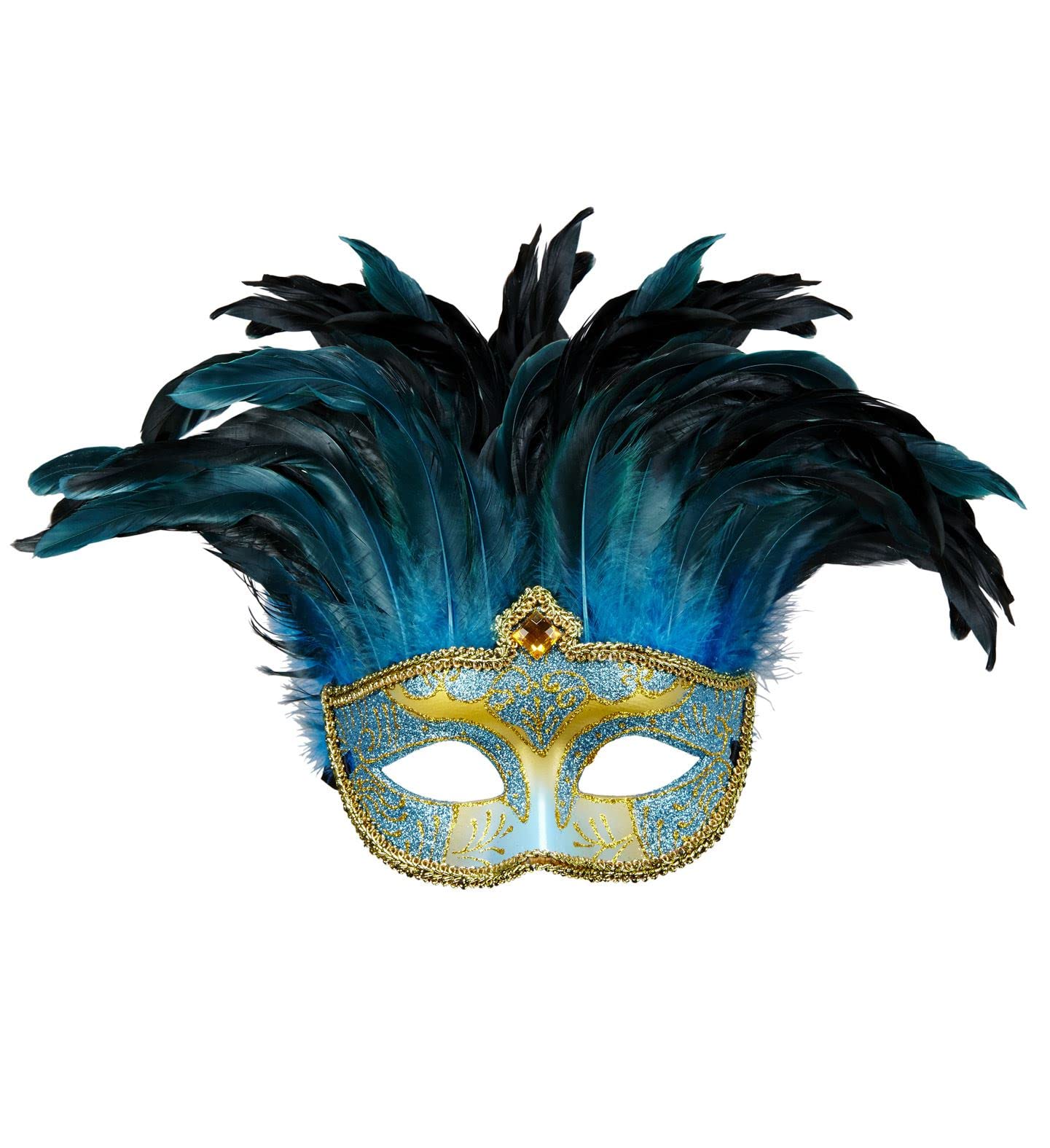 WIDMANN 04716 - Countess Mask with Gem, Glitter and Feathers, Adult Woman, Venetian Carnival, Brazilian Carnival, Blue Color