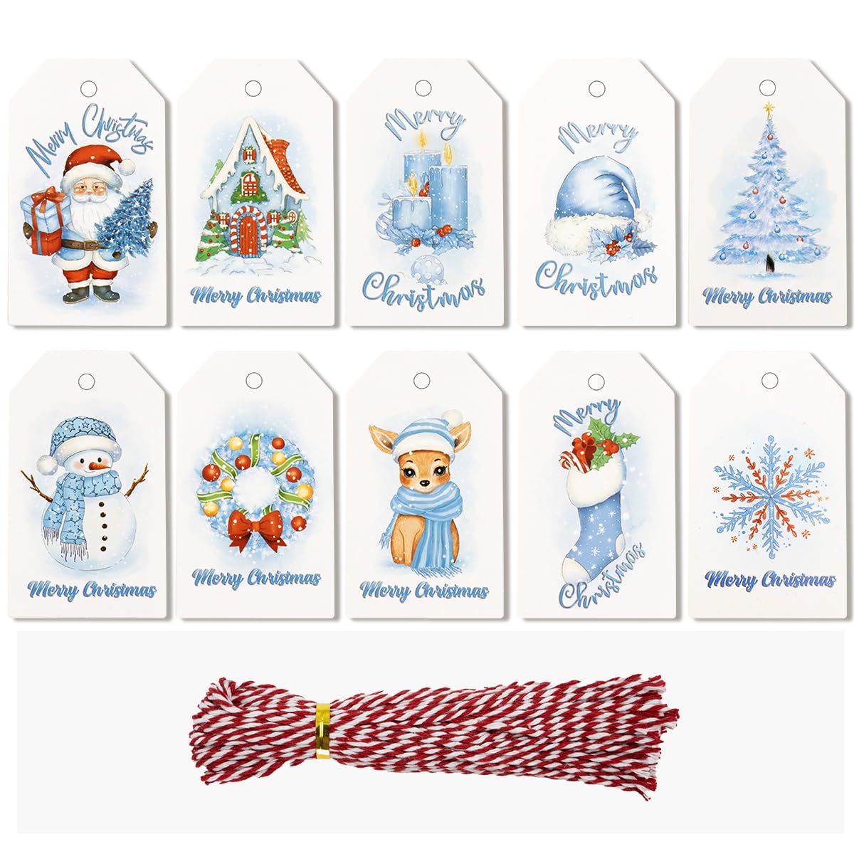 Christmas Tags Gift Labels for Presents - Xmas Gift Tags 50pcs 10 Design Paper Label with Jute String for Xmas Gift Decoration