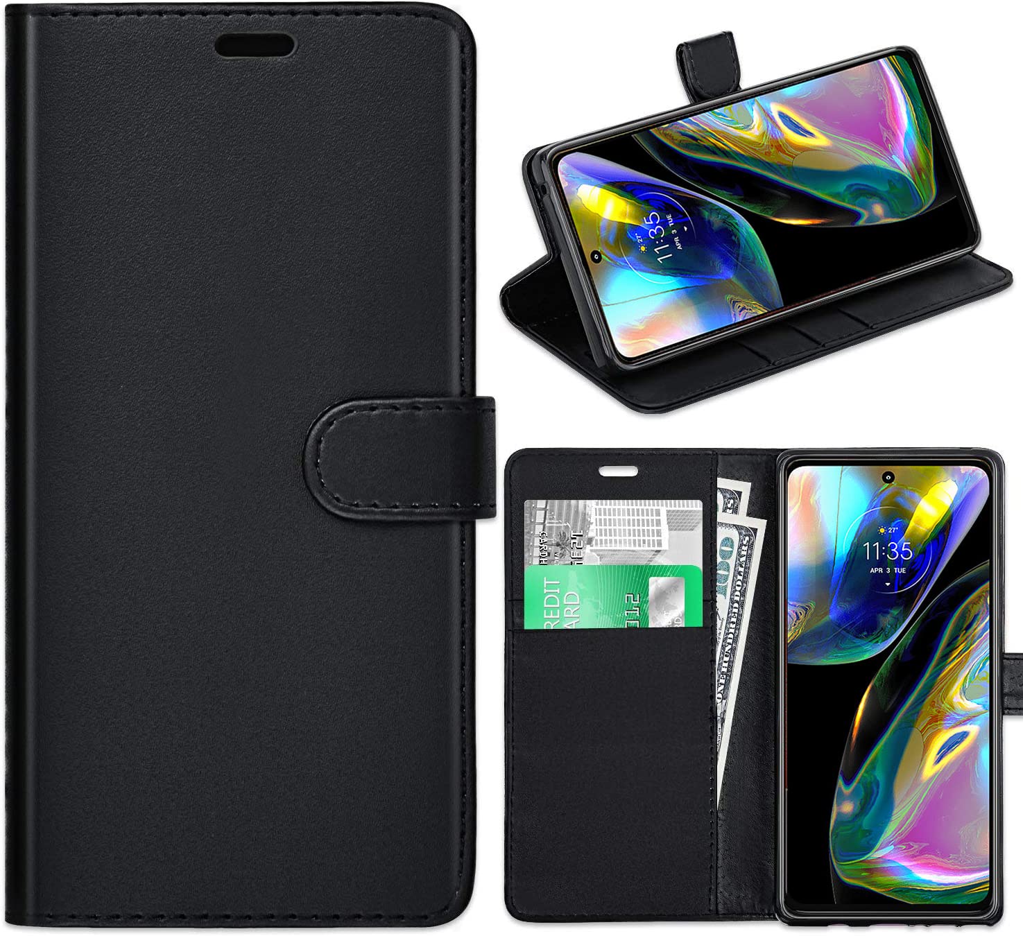KP TECHNOLOGY Moto G82 5G Case, Flip Cover, Synthetic Leather and Rubber, BLACK, Magnetic, Kickstand, Card Slot