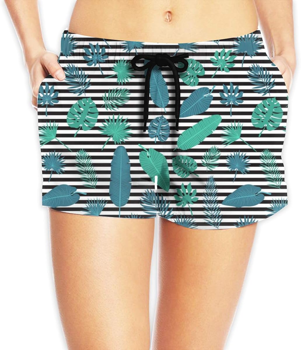 Weitaoying Womens Printed Beach Shorts Tropical Leaves Drawstring Board
