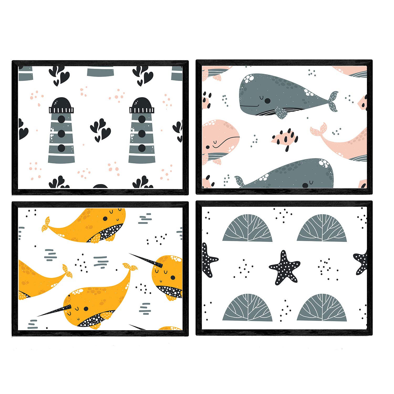 Pack of four posters with pictures of whales. Leaves with children Pictures of whales. Grey whale. Orange Lighthouse and Starfish. A3 size without frame