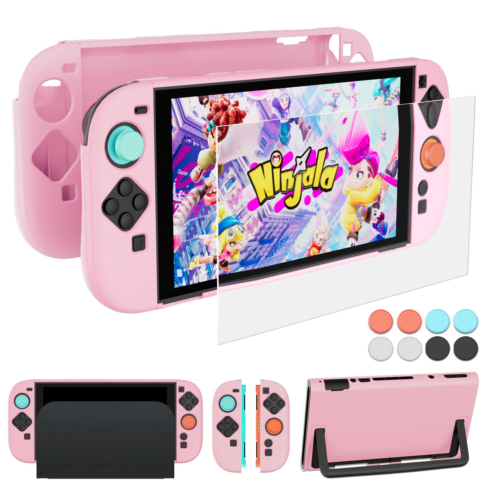 Coooudqs Protective Case for Nintendo Switch 2 (2025) Dockable, Pink Slim Hard Shell for Switch 2 Accessories, Scratch & Shock Protection Cover for Joycon 2 with Screen Protector, 8 Thumb Grip