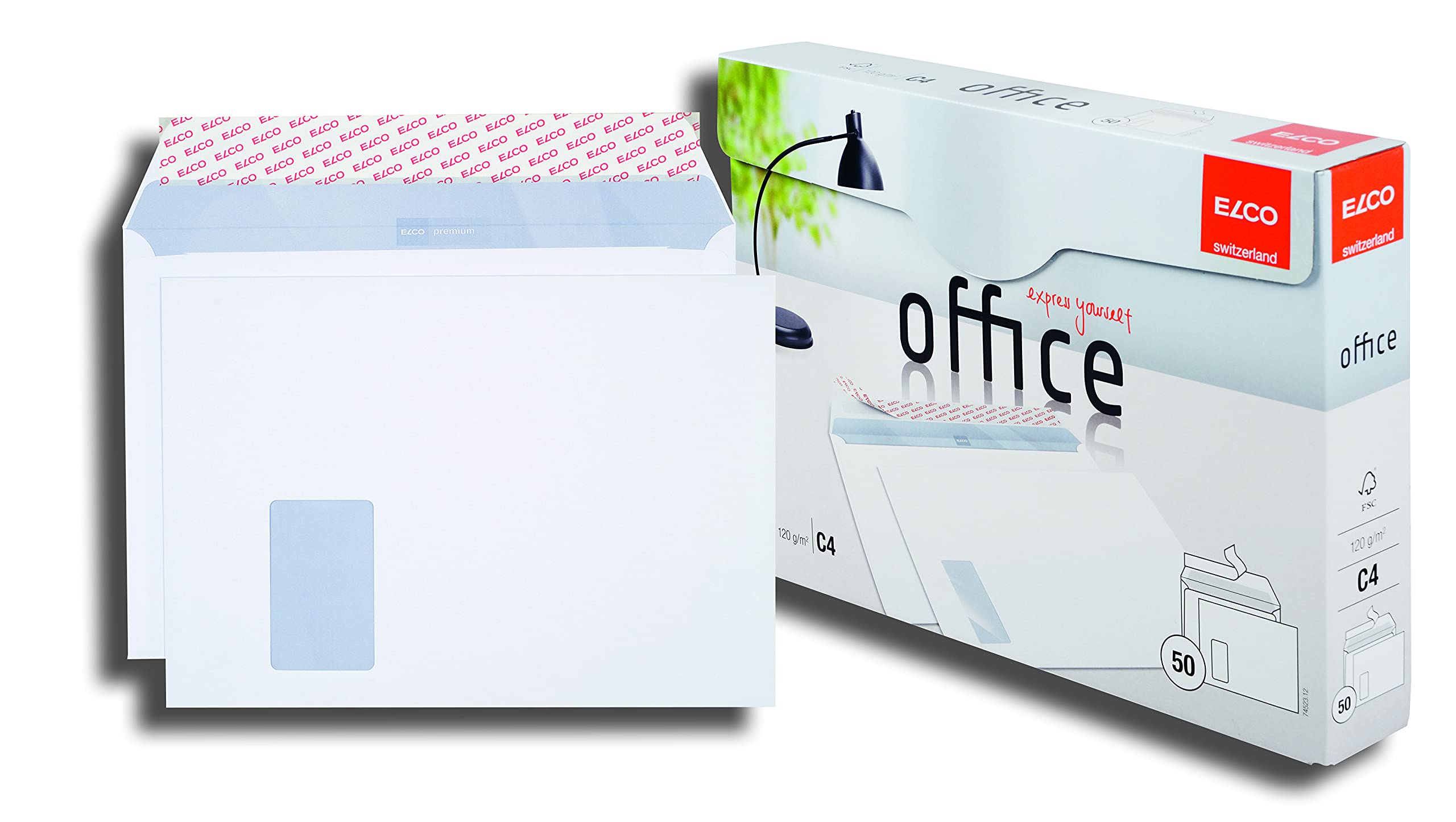 ELCO Office C4 Envelopes with Left Window — 120 g/m² FSC-Certified Self-Adhesive Envelopes for A4 Business Letters and Invoices, 229 x 324 mm, White, Box of 50