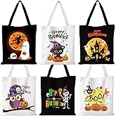 Bulyoou 6 Pcs 13.4" Large Halloween Tote Treat Bags for Trick or Treating, Halloween Canvas Bag, Reusable White and Black Goodie Candy Bags for Party Favor Supplies, Snack Grocery Tote with Handles
