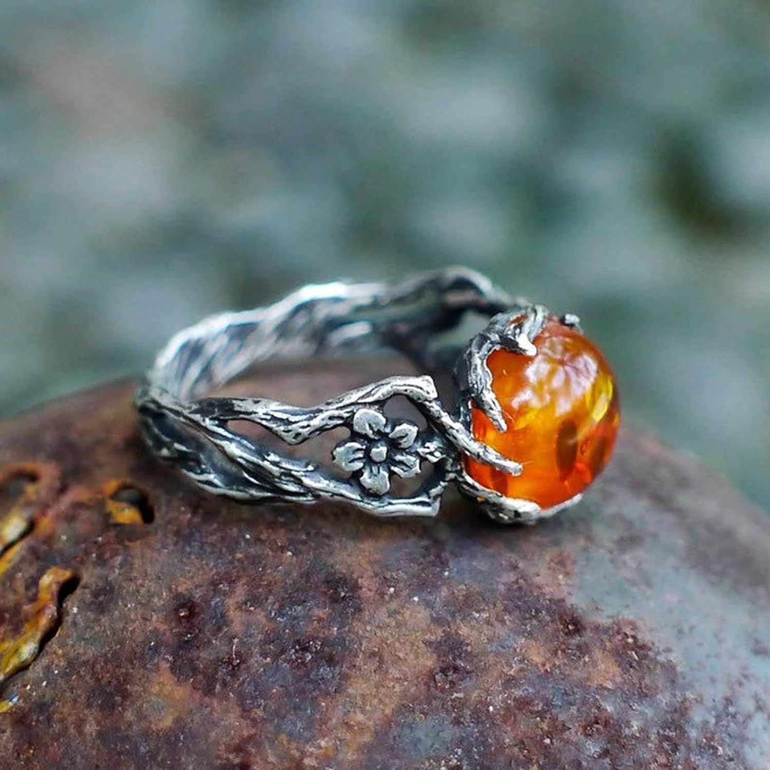 Sterling Silver Amber Ring\