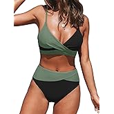 CUPSHE Women's Bikini Sets Two Piece Swimsuit High Waisted V Neck Twist Front Adjustable Spaghetti Straps Bathing Suit