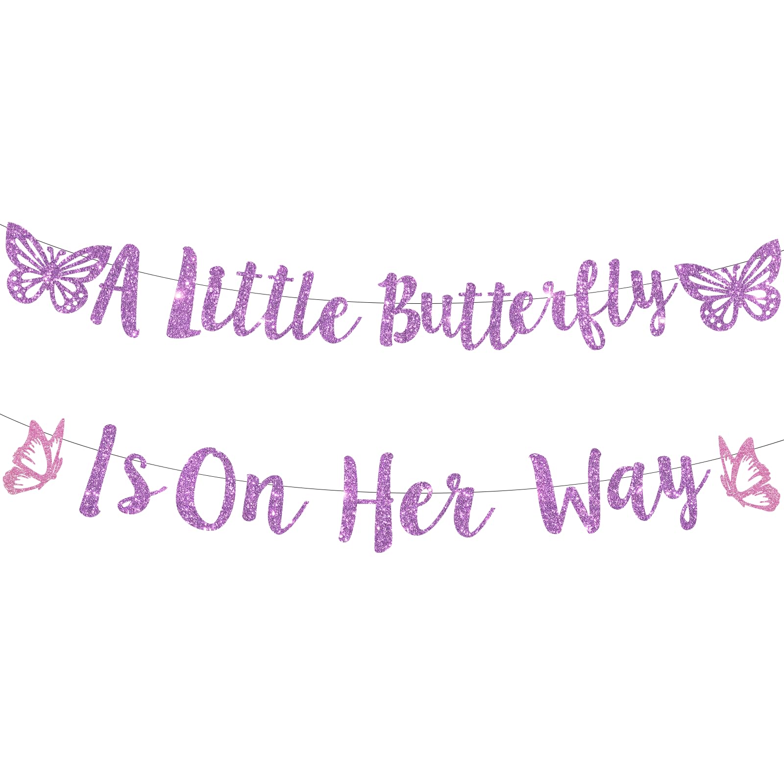 Photo 1 of Pre-Strung A Little Butterfly Is On Her Way Banner, Purple Glitter Butterfly Themed Baby Shower Party Decorations Supplies
