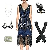 BONGZUO Women's 1920s Flapper Dress Vintage Lace Fringed Gatsby Cocktail Dress with 20s Accessories Set