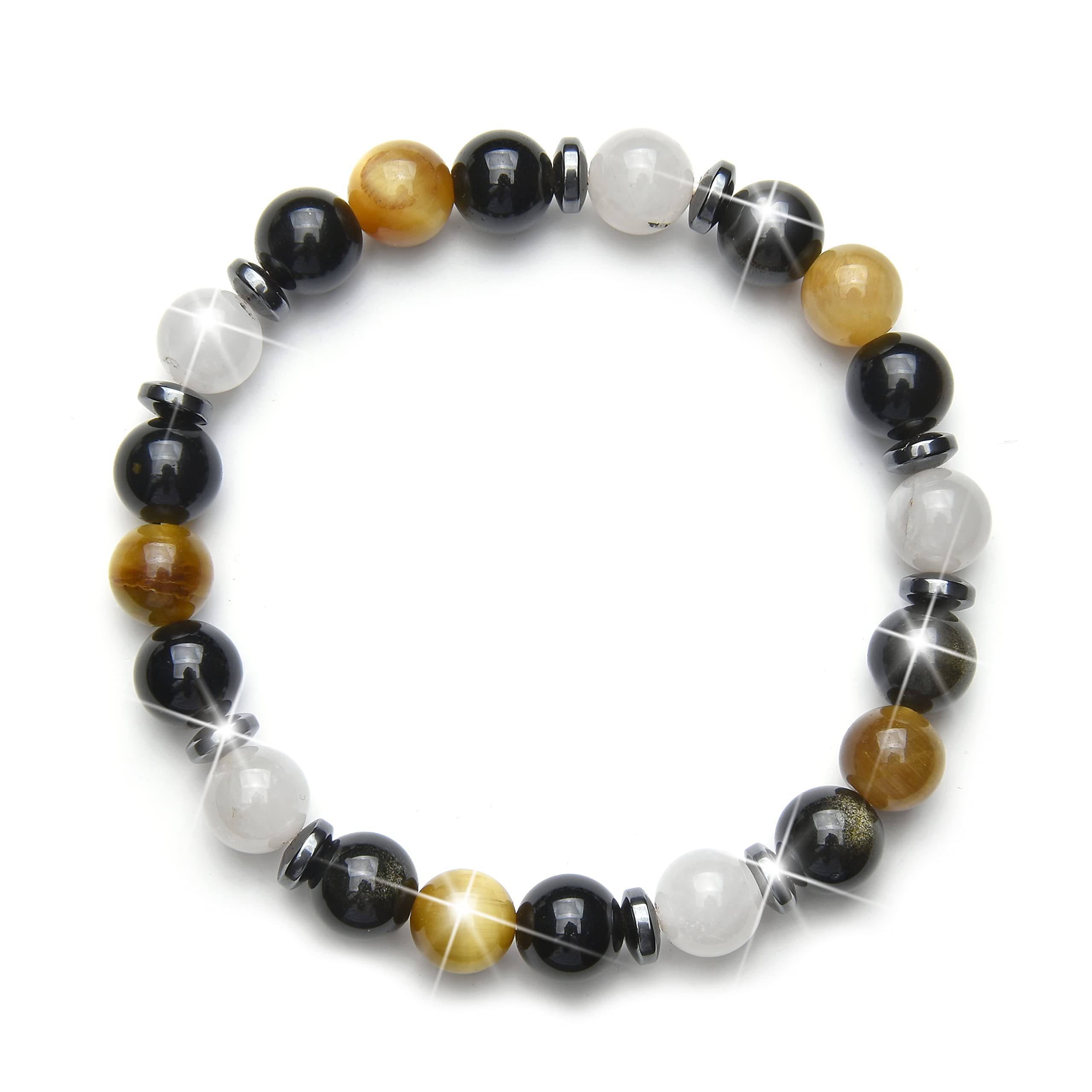 Fukugems Tiger Eye Black Obsidian White Quartz Crystal Good Luck Bracelet, Feng Shui Bracelet, Stretch Healing Braceelt for Women Men