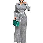 CHICME Womens 2 Piece Outfits 2026 Spring Long Sleeve Criss Cross Top and Comfy Wide Leg Pants Set