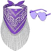 Ricawa Fringe Rhinestone Bandana Disco Cowgirl Bachelorette Sparkly Bandanas for Women Men Halloween, with Heart Sunglasses