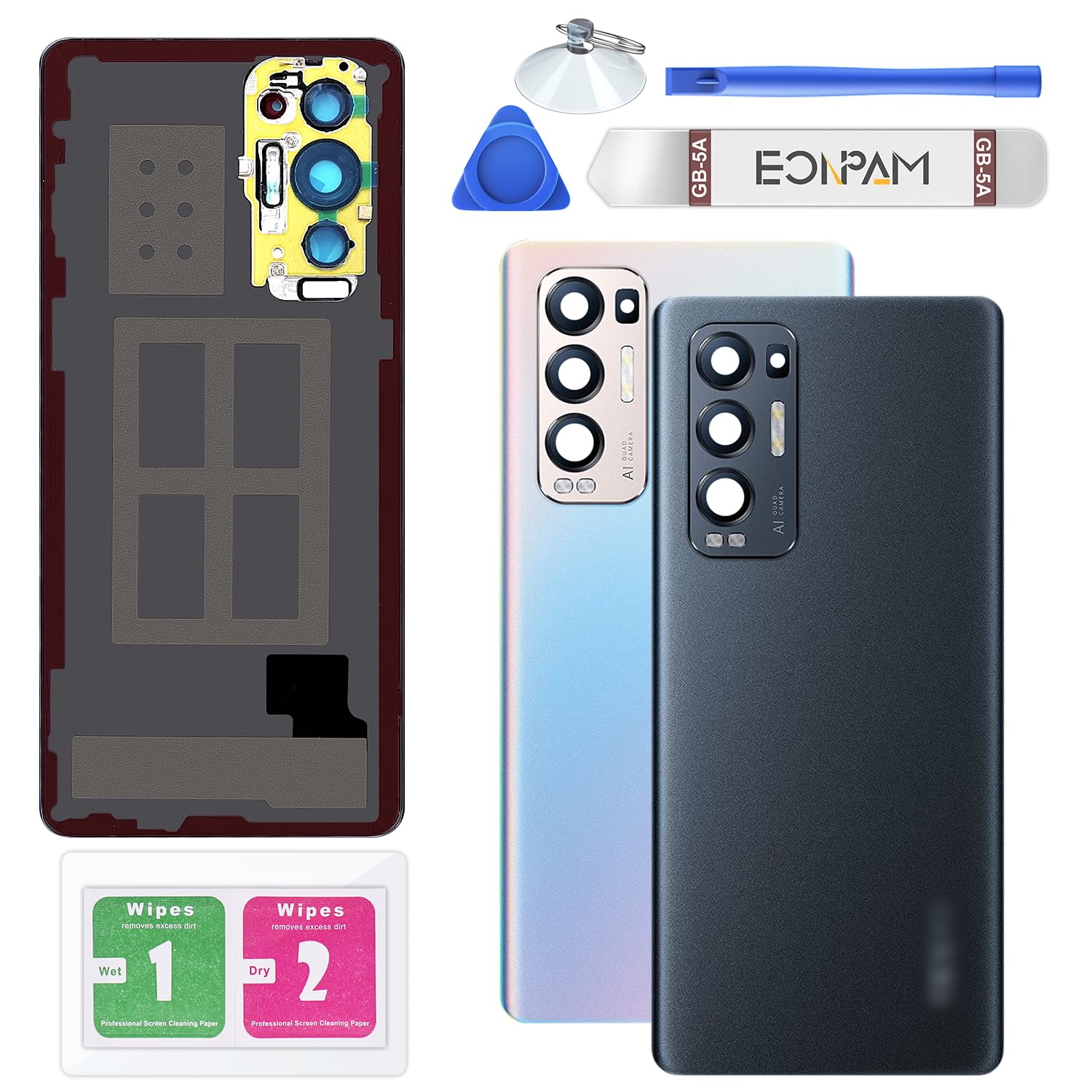 Eonpam Back Cover Glass for Oppo Find X3 Neo Rear Glass Replacement with Camera Lens + Repair Kit Genuine Rear Housing (Starlight Black)