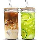 Liyauui 24 oz Glass Cups Set - 2 Pack Glasses Drinking Set with Leakproof Bamboo Lids & Glass Straws, Clear Kitchen Glasses Tumblers for Iced Coffee, Juice and Smoothie